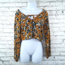 Wild Fable Blouse Womens Small Yellow Floral Cropped Long Sleeves Rayon Boho  - £14.08 GBP