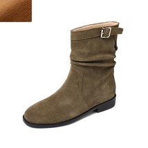 Cow Suede Botas Korea Simple Style Spring Autumn Woman Boots Slip On Pleated Wes - £109.72 GBP