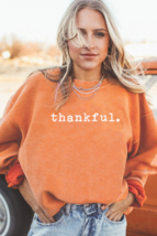 Orange Thankful Ribbed Crew Neck Thanksgiving Sweatshirt - $19.82