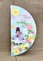 Ephemera Vintage Round Circular Greeting Card Watercolor Floral Girl w P... - $3.96