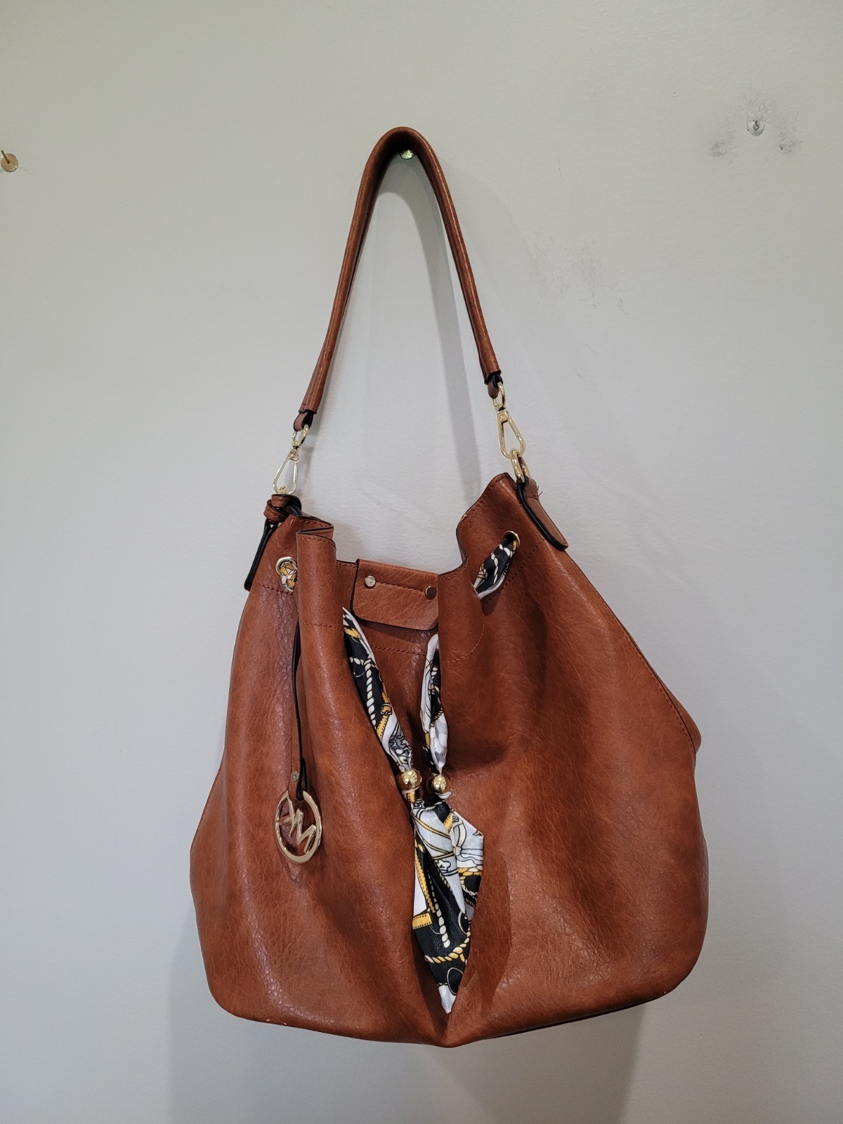 MICHAEL Kors Brown Signature Canvas Scarf Tie Drawstring Large Hobo Bag ... - $42.70