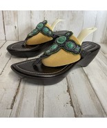 DONALD J PLINER Leather & Green Stone Medallions Slide Sandal Kitten Heel Sz 8M - $25.95