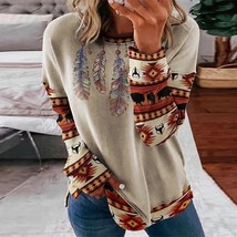 Vintage Print Round Neck Sweatshirt Womens Blouse Indian Feather  Printed Long S - £48.23 GBP