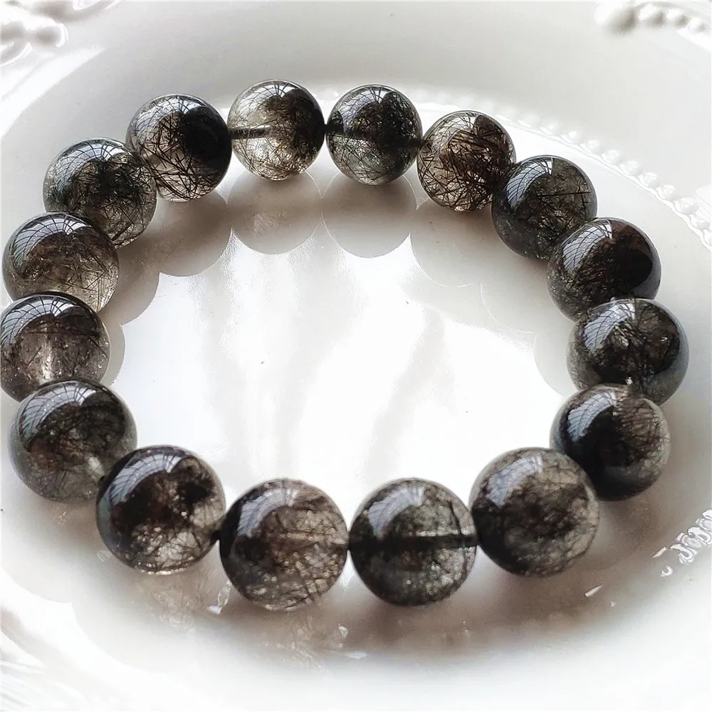 Natural Black Rutilated Quartz Clear Beads Bracelet Brazil 13.5mm Women Men - £101.09 GBP