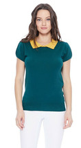 Green &amp; Mustard Short Sleeve Knit Top - Peter Pan Collar Retro - S to L ... - £18.88 GBP