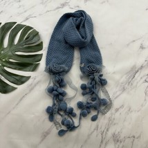Betsey Johnson Vintage Y2k Pom Pom Scarf One Size Blue Ribbons Fringe Knit - $19.79