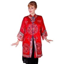 Antique Victorian Chinese Robe Coat Red Silk Embroidered Free VTG Brooch - $441.05