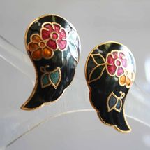 Elegant Black Cloisonne Enamel Flowers &amp; Butterfly Pierced Earrings 1970s vint. - £10.38 GBP