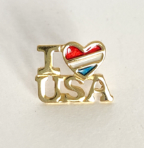 1981 Avon Enamel Heart I Love USA Patriotic Gold Tone Lapel Pin Tie Tack - $19.95