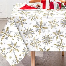 Christmas Winter Tablecloth Gold Silver Snowflake Table Cloth Washable Snowflake - $27.99