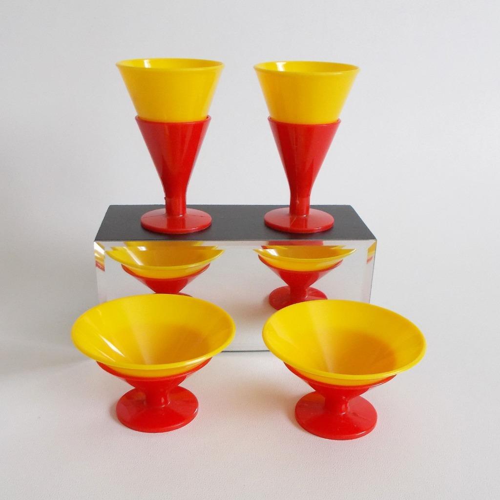 Mid Century Modern Toy Stacking Dish Set Yellow Red Banner USA Dessert Cups - $29.68