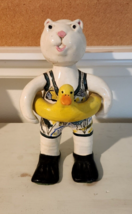 Ooak Vintage Art Pottery Swimsuit Cat With Duck Floatie 10.5&quot; Signed Yisse - £76.84 GBP