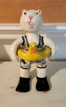 OOAK Vintage Art Pottery SWIMSUIT CAT WITH DUCK FLOATIE 10.5&quot; SIGNED YISSE - $88.11