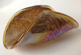 Murano Art Glass Folded Dish Amber Iridato w Brown Frit Unsigned Iridescent - £71.73 GBP