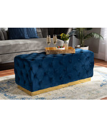 Carra Navy Blue Velvet Fabric Upholstered and Gold PU Leather Ottoman - $4,951.62 MXN