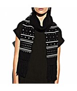 COACH BLACK &amp; WHITE EMBELLISHED FAIR ISLE WOOL BLEND RIVETT SCARF SHAWL ... - £77.39 GBP