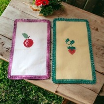 Cross Stitch Tea Towels Fruit Doily Crochet Pair Farmhouse Country Retro Vintage - £11.71 GBP