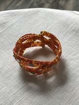 Seed Bead Memory Wire Wrap Cuff Bracelet Multi Strand Braided Orange Yellow - $4.00