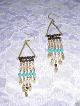 New Goldtone Deco W Wooden Beads - Turquoise Blue &amp; White Beads Long Earrings - £5.58 GBP