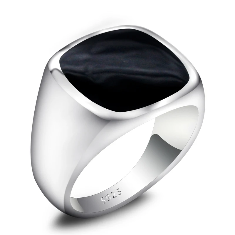 Black Enamel Ring for Men 925 Sterling Silver Setting Square Enamel Mens Rings S - £43.47 GBP