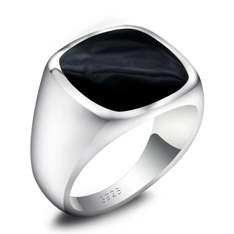 Black Enamel Ring for Men 925 Sterling Silver Setting Square Enamel Mens Rings S - £41.54 GBP