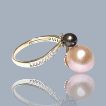 Meticulously 5.3 &amp; 9.3mm Edison Peach Black Round Cultured Double Pearl Ring S 8 - £63.23 GBP