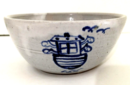 Owens Pottery Bowl White w/ Blue Noah&#39;s Ark 2&quot;H 4.5&quot;W Seagrove N. Caroli... - £6.31 GBP