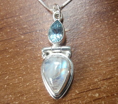 Faceted Blue Topaz and Moonstone Teardrop 925 Sterling Silver Pendant 869d2 - £15.86 GBP