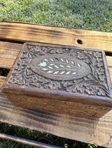 Vintage Hand Carved Wooden Trinket Box Brass Inlaid Floral Design India - $18.00