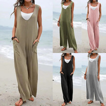 Women Summer Loose Jumpsuit Suspender Sleeveless Wide Leg Beach Pants Ro... - $27.23