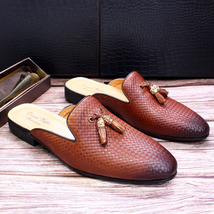 Brand Half Shoes for Men Genuine Leather Brown Blue Flat Mules Black Casual Shoe - £99.11 GBP