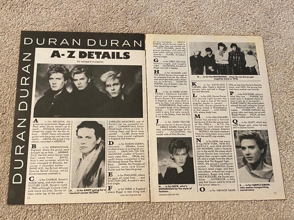 Duran Duran teen magazine pinup clipping A-Z Details 3 pg Teen Beat 16 m... - $2.50