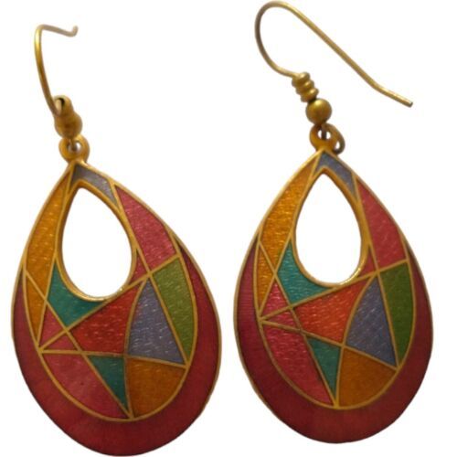 Primary image for Cloisonne Teardrop Geometric Earrings Dangle Vintage Bohemian SG Gold Tone Boho