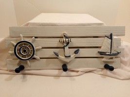 Nautical Wood Hook Wall Decoratin with Sailboat, Ships Wheel &amp; Boat Anchor - £11.87 GBP