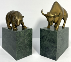 Vtg Bull Bear Stock Market Bookends Brass Marble Wall Streets Mascots Solid Set - $89.95