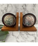 Vintage 90s Globe Bookends Wood Spinning Nautical World Maps Compass - $36.62