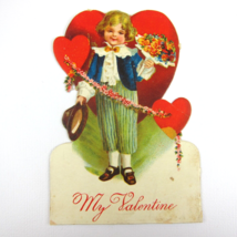 Antique Valentine Card Die Cut Blonde Boy Suit &amp; Hat Bouquet Flowers Red Hearts - £7.97 GBP
