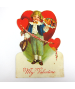 Antique Valentine Card Die Cut Blonde Boy Suit &amp; Hat Bouquet Flowers Red... - £7.86 GBP