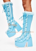 White Chunky Heel Platform Knee Boots Women&#39;s Winter Lace up Side Zipper Daily D - £137.36 GBP
