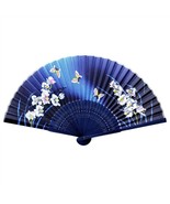 SILK HAND FAN 8&quot; Blue Butterfly Lily Blossom Folding Pocket Purse High Q... - $11.16 CAD