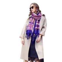 Anyyou Scarf 100% Merino Wool Purple Pink Lines Silk Satin Large Winter Pashmina - £68.98 GBP