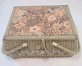 Vintage Green Floral Wicker Woven Sewing Basket Box 15&quot;x10&quot;x8&quot; Sew Knit Crochet - £18.39 GBP