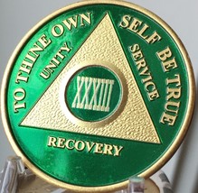 33 Year AA Medallion Green Gold Plated Alcoholics Anonymous Sobriety Chi... - £16.29 GBP