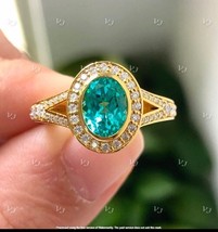 2.50Ct Oval Cut Simulated Emerald Halo Engagement Ring 14K Yellow Gold Plated - £45.89 GBP