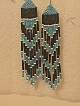 Light Blue, Black, &amp; White Native American Inspired Handmade Seed Bead Earrings - £15.81 GBP