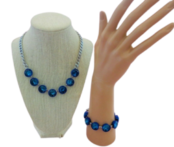 Fun unique modern industrial look round blue rhinestone necklace &amp; brace... - $19.99
