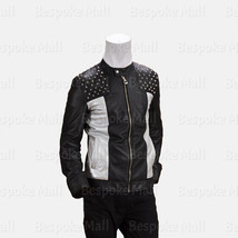 New Men&#39;s Black White Half Silver Studded Cowhide Motorbike Leather Jacket-130 - £200.45 GBP