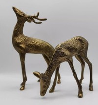 Vintage MCM Brass Antlered Spotted Buck &amp; Doe Deer Figurine Set - £19.27 GBP
