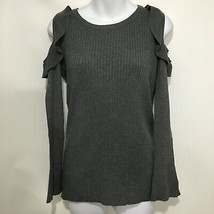 Democracy S Gray Ribbed Cold Shoulder Long Sleeve Sweater Ruffled - £17.56 GBP
