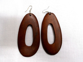 New Dark Brown Stained Wood Oval Peek A Boo Geo Shaped Flat Hoop Earrings 3 3/4&quot; - £5.58 GBP